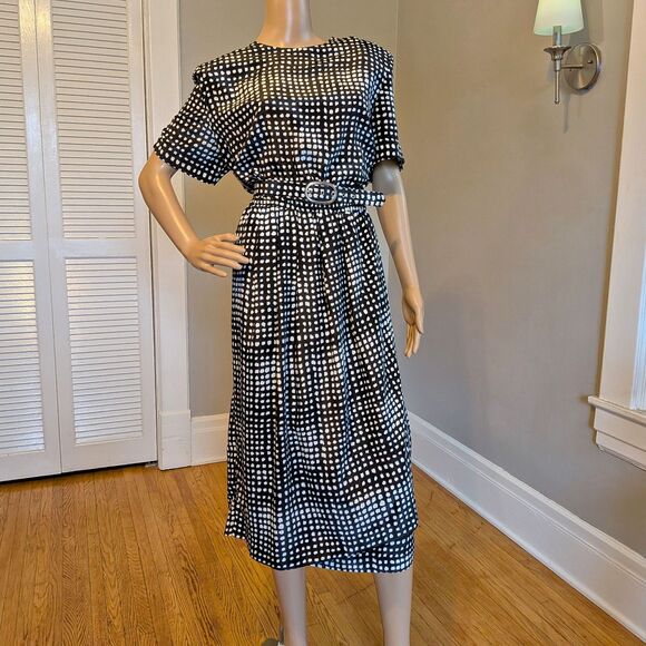 Vintage 80s Leslie Fay Polka Dot Midi Dress, Belted Black, Corpcore Office 14 - Picture 12 of 12